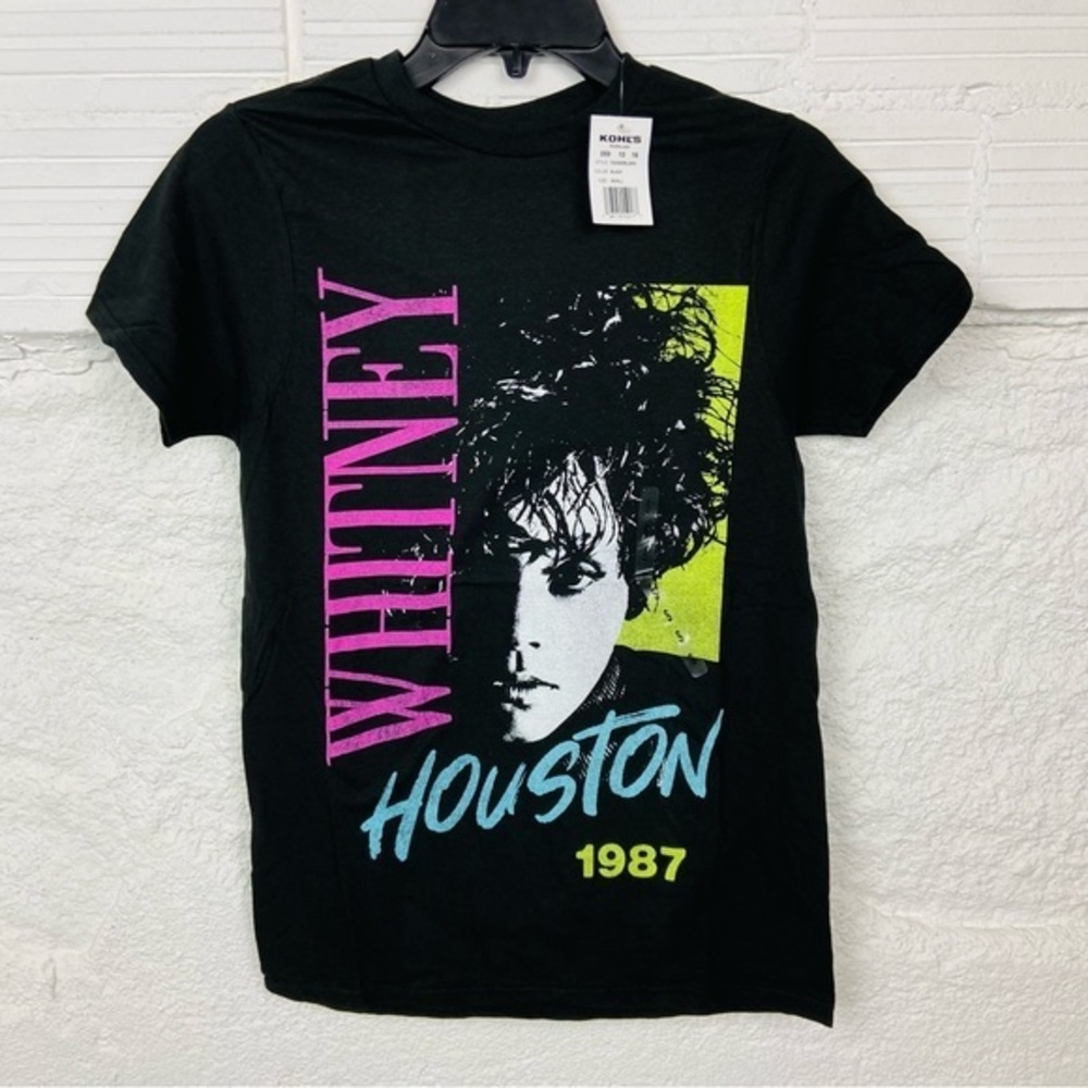 NWT WHITNEY HOUSTON 1987 black short sleeve graphic colorful shirt size small